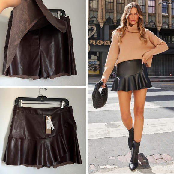 DO+BE Pants - RUFFLE FAUX LEATHER MINI SKORT choco
